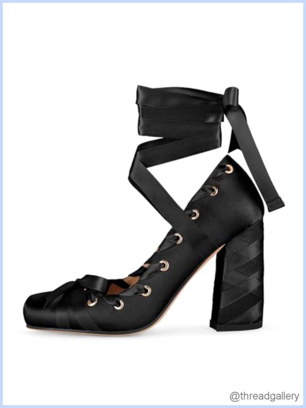 Satin Chunky High Heels Lace Up Bow Pumps Square Toe